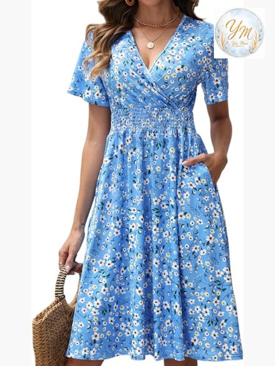 Dresses & Skirts - Midi Floral Dress - Short Sleeve Wrap V-Neck Smocked Waist A-Line with Pockets